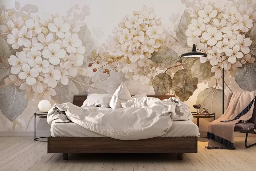 wall murals Delicate white hydrangea flowers with soft green leaves against a light background w08422