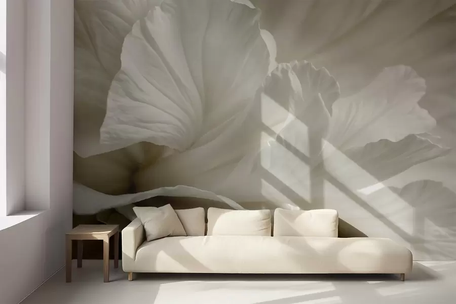 wall murals Abstract minimalistic print of delicate white flower with soft, velvety petals w08424