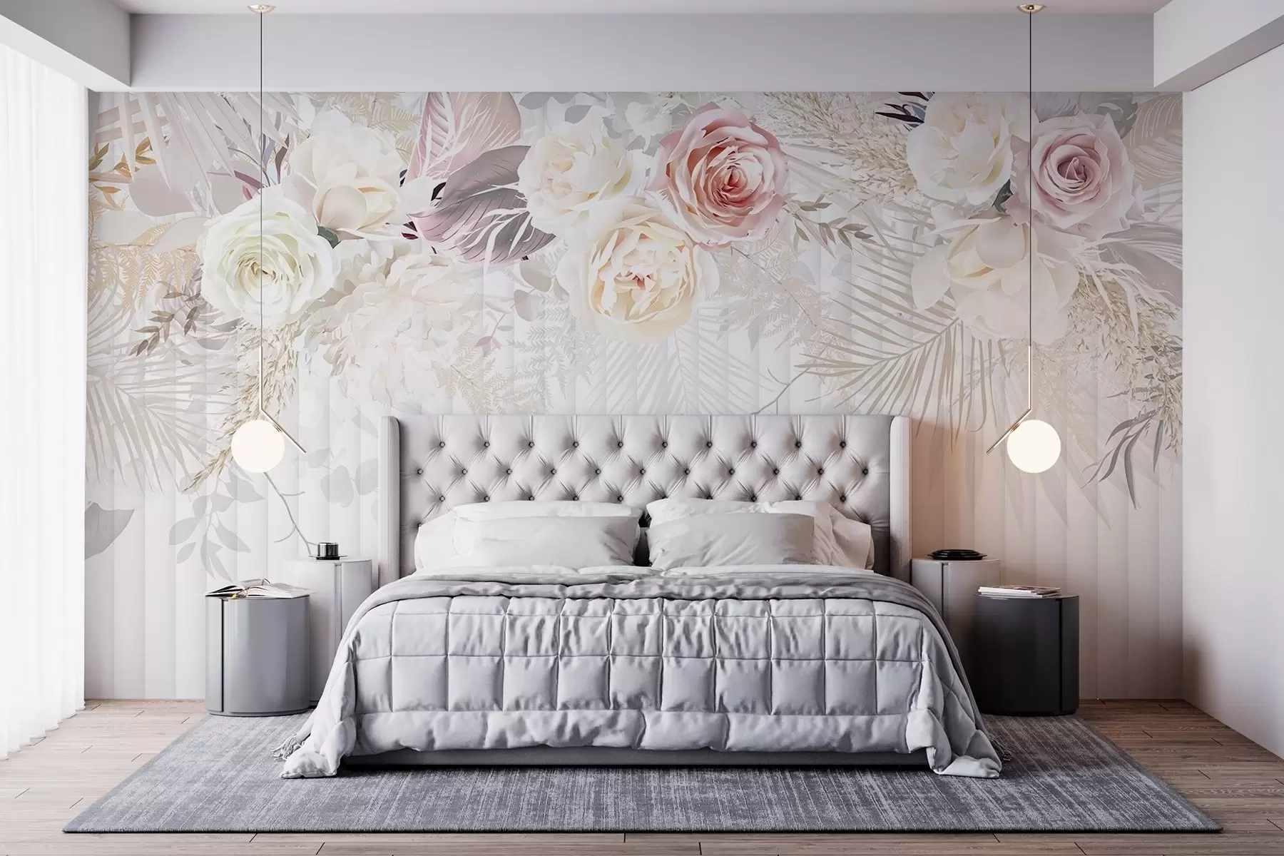 wall murals A floral arrangement with pink and white roses, palm leaves, and other tropical foliage against a white background w08425