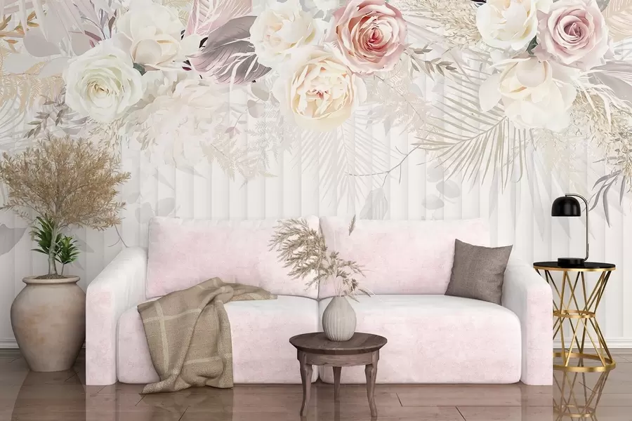 wall murals A floral arrangement with pink and white roses, palm leaves, and other tropical foliage against a white background w08425