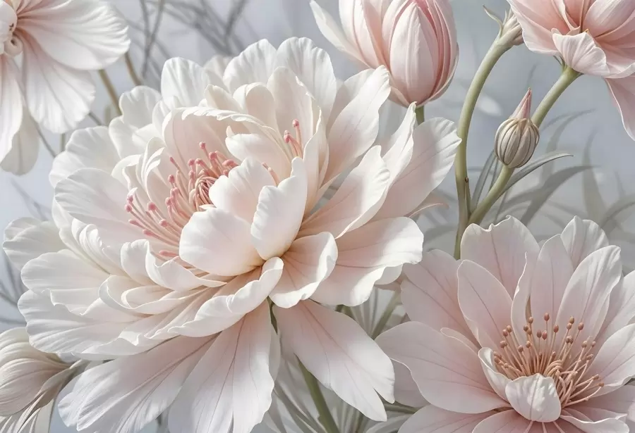 wall murals Large, delicate white and pink peony flowers with soft, fluffy petals against a blurred gray background w08427