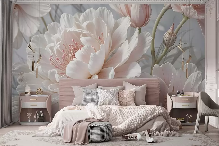 wall murals Large, delicate white and pink peony flowers with soft, fluffy petals against a blurred gray background w08427