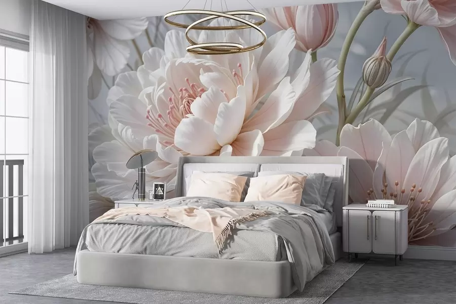 wall murals Large, delicate white and pink peony flowers with soft, fluffy petals against a blurred gray background w08427