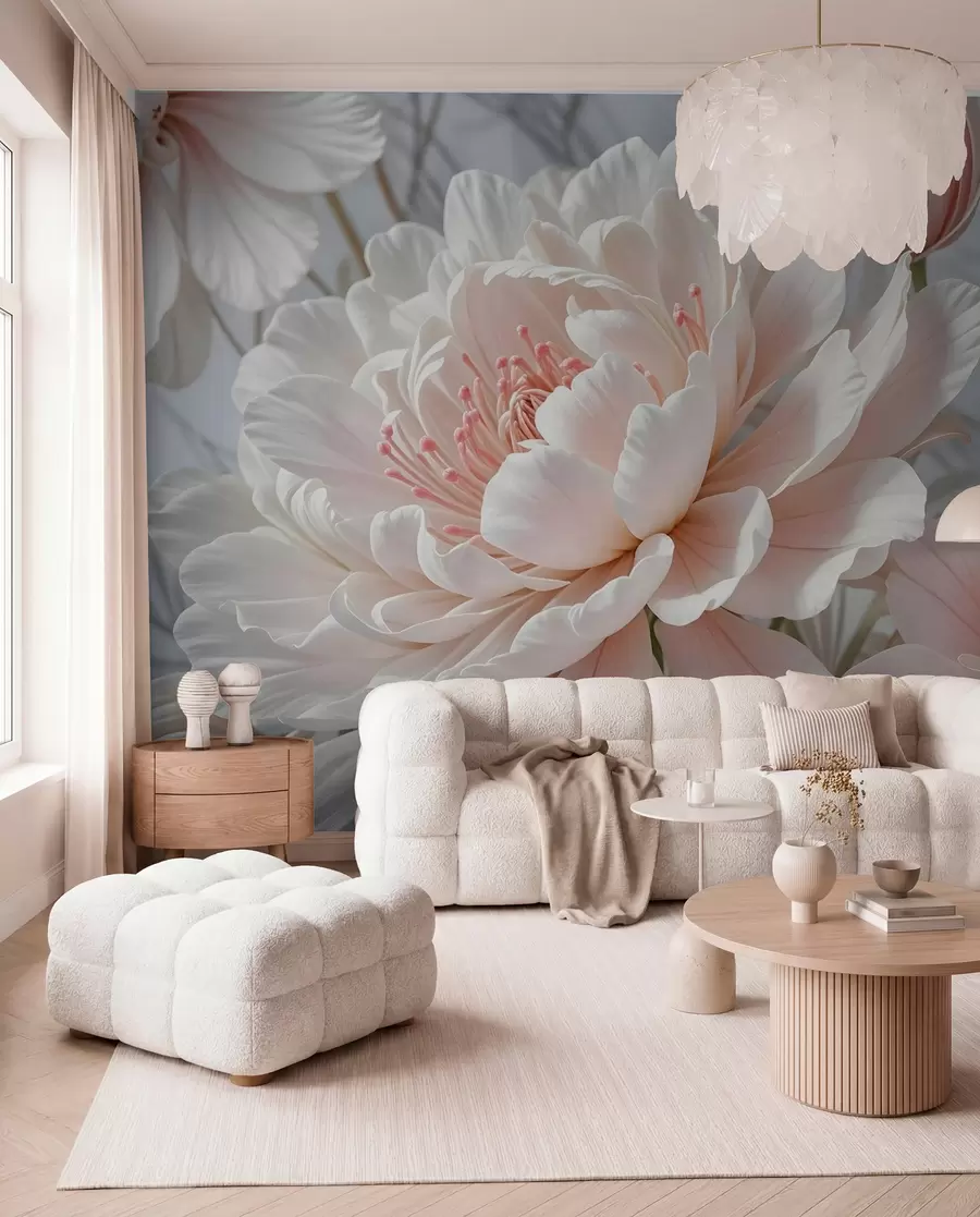 wall murals Large, delicate white and pink peony flowers with soft, fluffy petals against a blurred gray background w08427