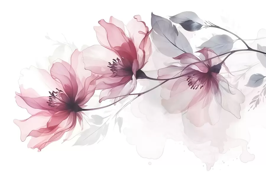 wall murals Delicate transparent pink and gray flowers with soft, blurred petals on white background w08429