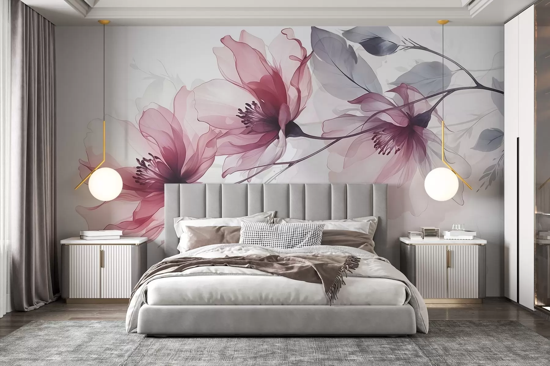 wall murals Delicate transparent pink and gray flowers with soft, blurred petals on white background w08429