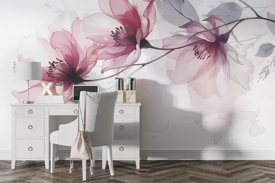 wall murals Delicate transparent pink and gray flowers with soft, blurred petals on white background w08429
