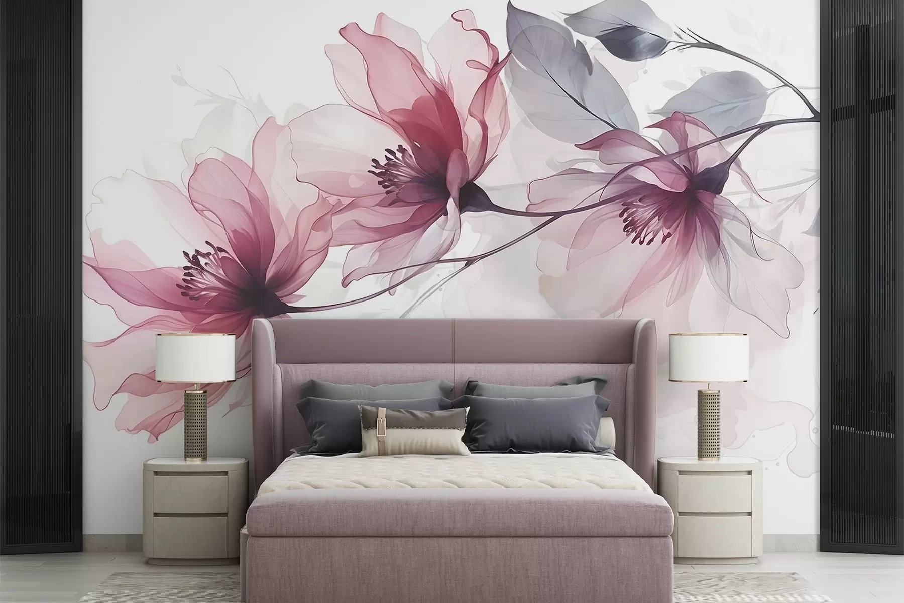wall murals Delicate transparent pink and gray flowers with soft, blurred petals on white background w08429