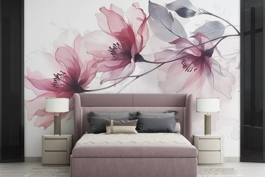 wall murals Delicate transparent pink and gray flowers with soft, blurred petals on white background w08429
