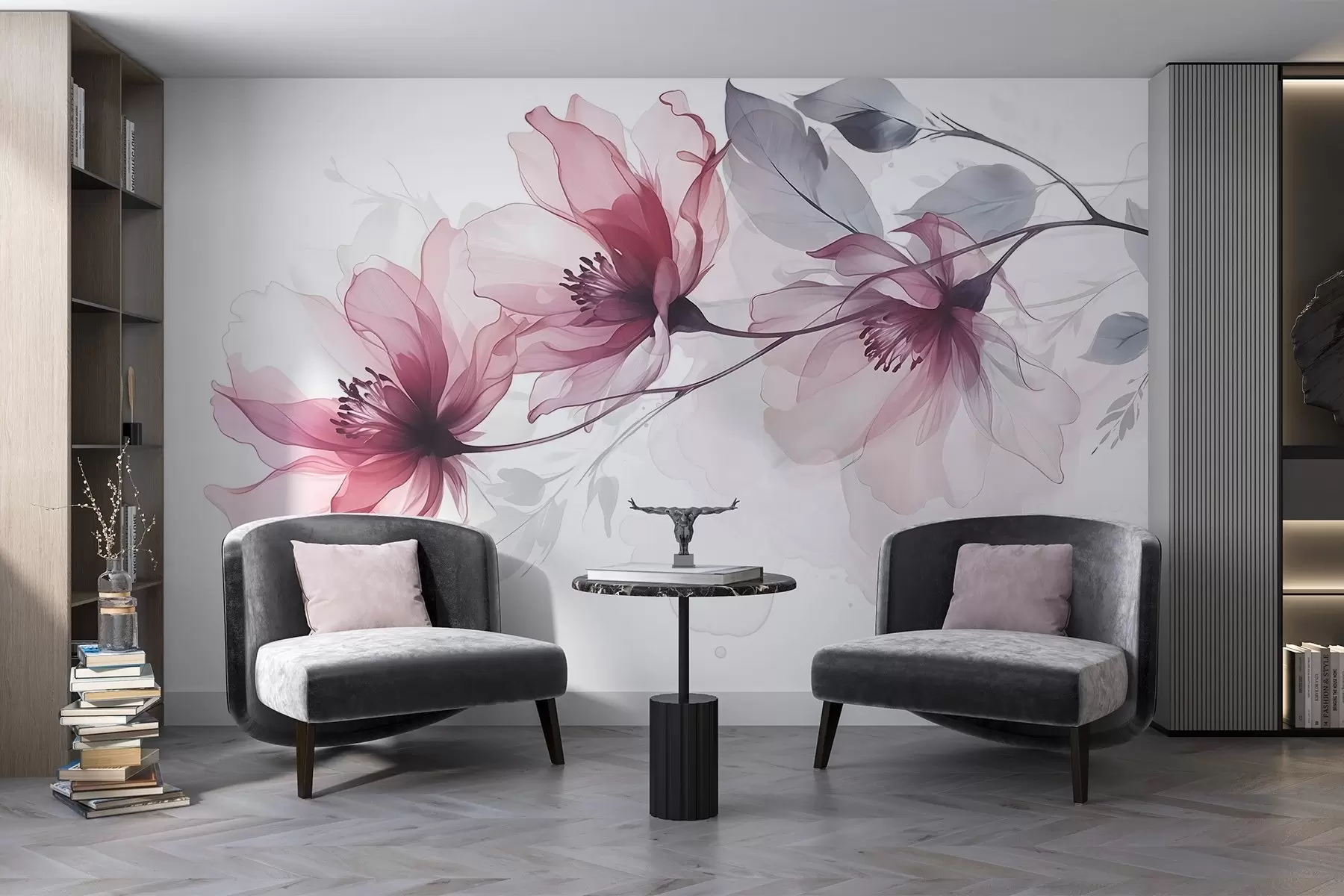 wall murals Delicate transparent pink and gray flowers with soft, blurred petals on white background w08429