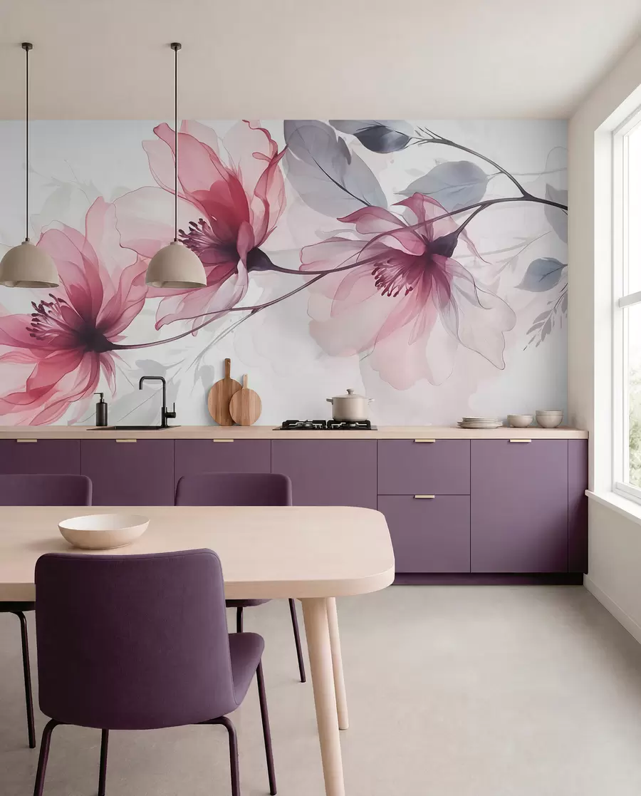 wall murals Delicate transparent pink and gray flowers with soft, blurred petals on white background w08429