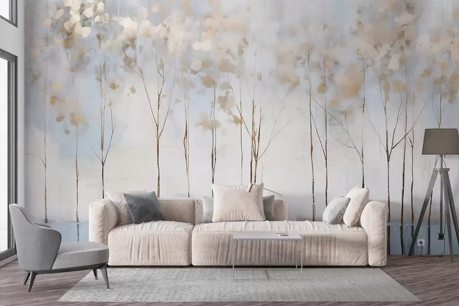 wall murals Bare trees in abstract pastel blurred winter minimalistic landscape with a soft, hazy background w08430