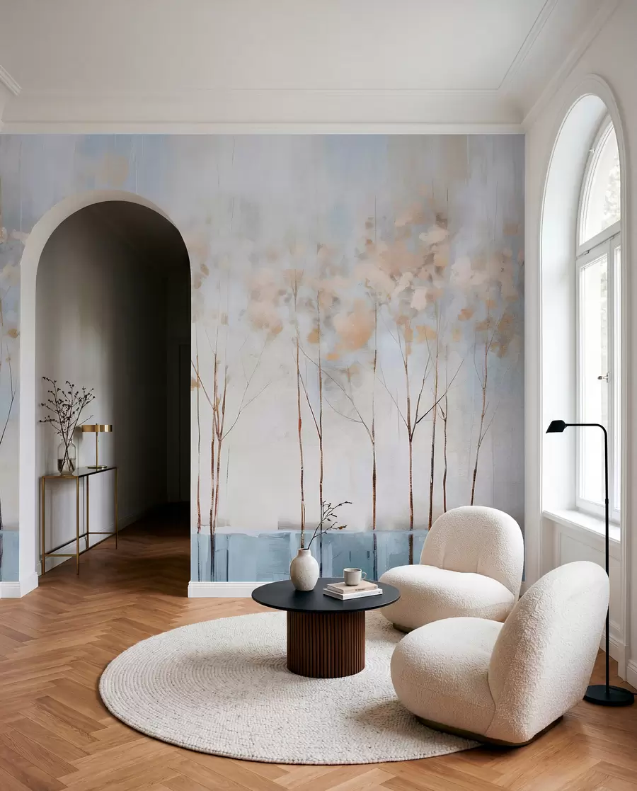wall murals Bare trees in abstract pastel blurred winter minimalistic landscape with a soft, hazy background w08430