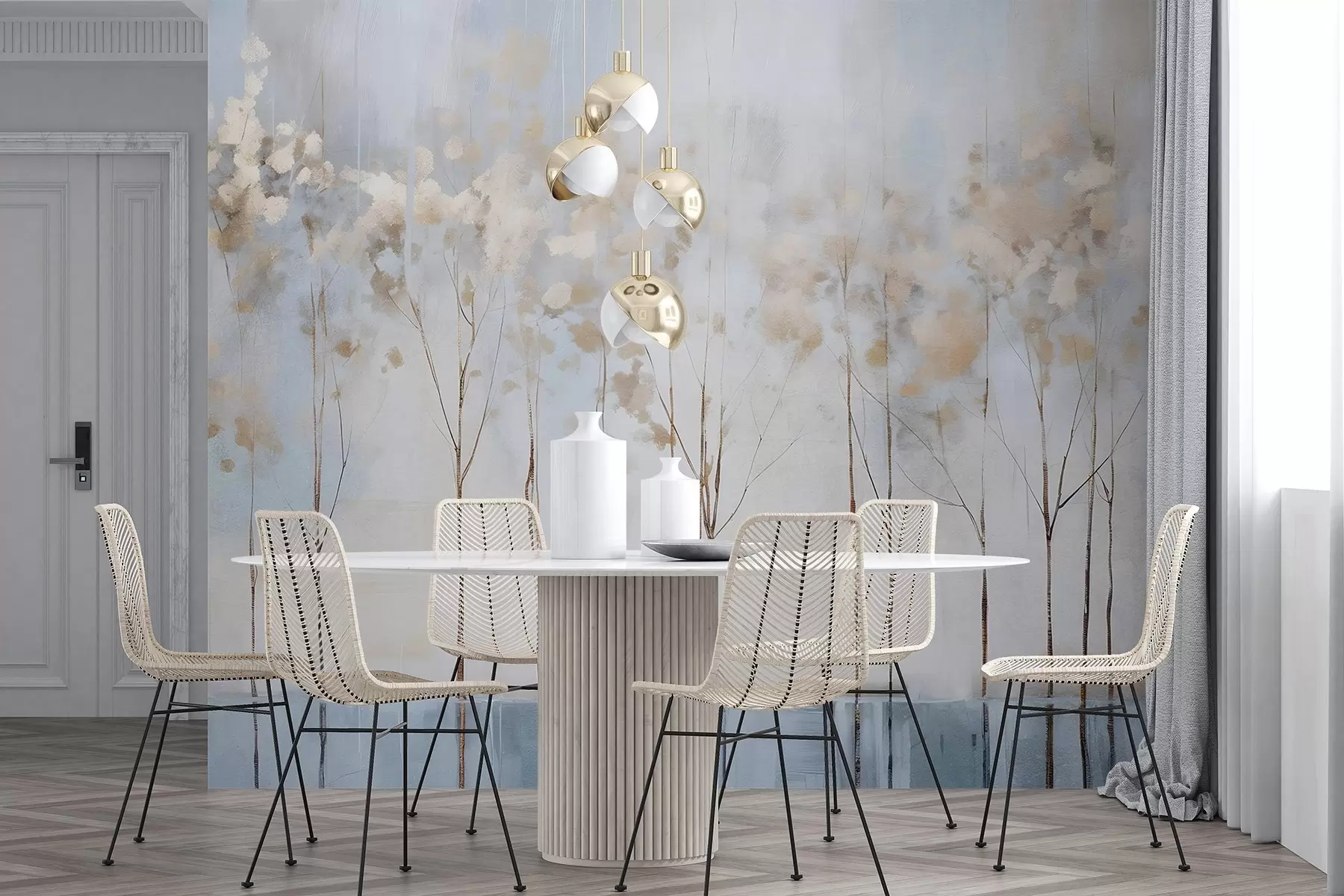 wall murals Bare trees in abstract pastel blurred winter minimalistic landscape with a soft, hazy background w08430