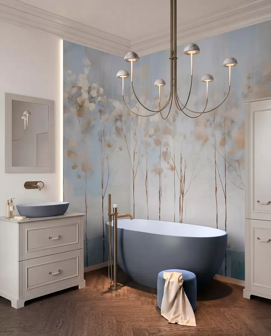 wall murals Bare trees in abstract pastel blurred winter minimalistic landscape with a soft, hazy background w08430