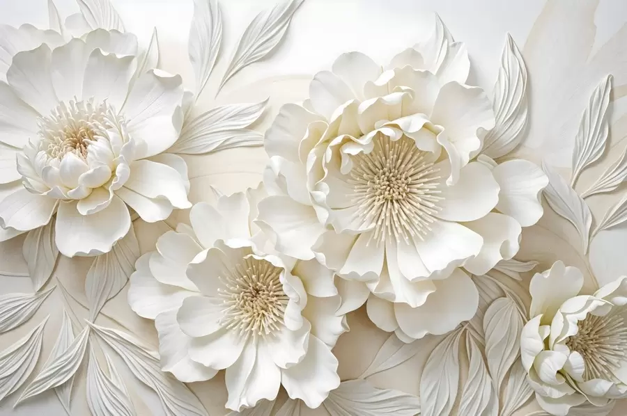 wall murals Elegant volumious imitation white peony flowers with soft petals and pastel yellow centers, against a light background w08431