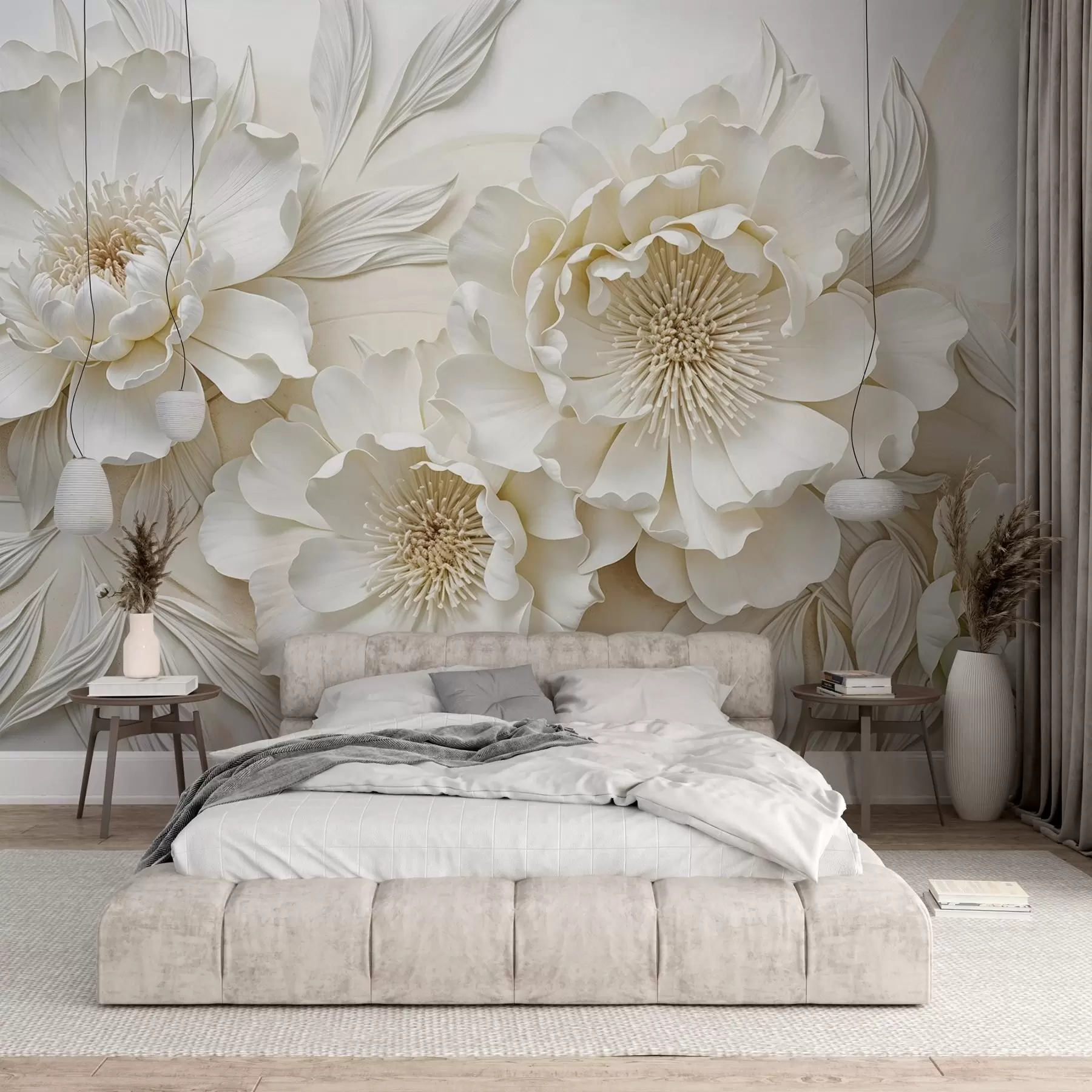 wall murals Elegant volumious imitation white peony flowers with soft petals and pastel yellow centers, against a light background w08431