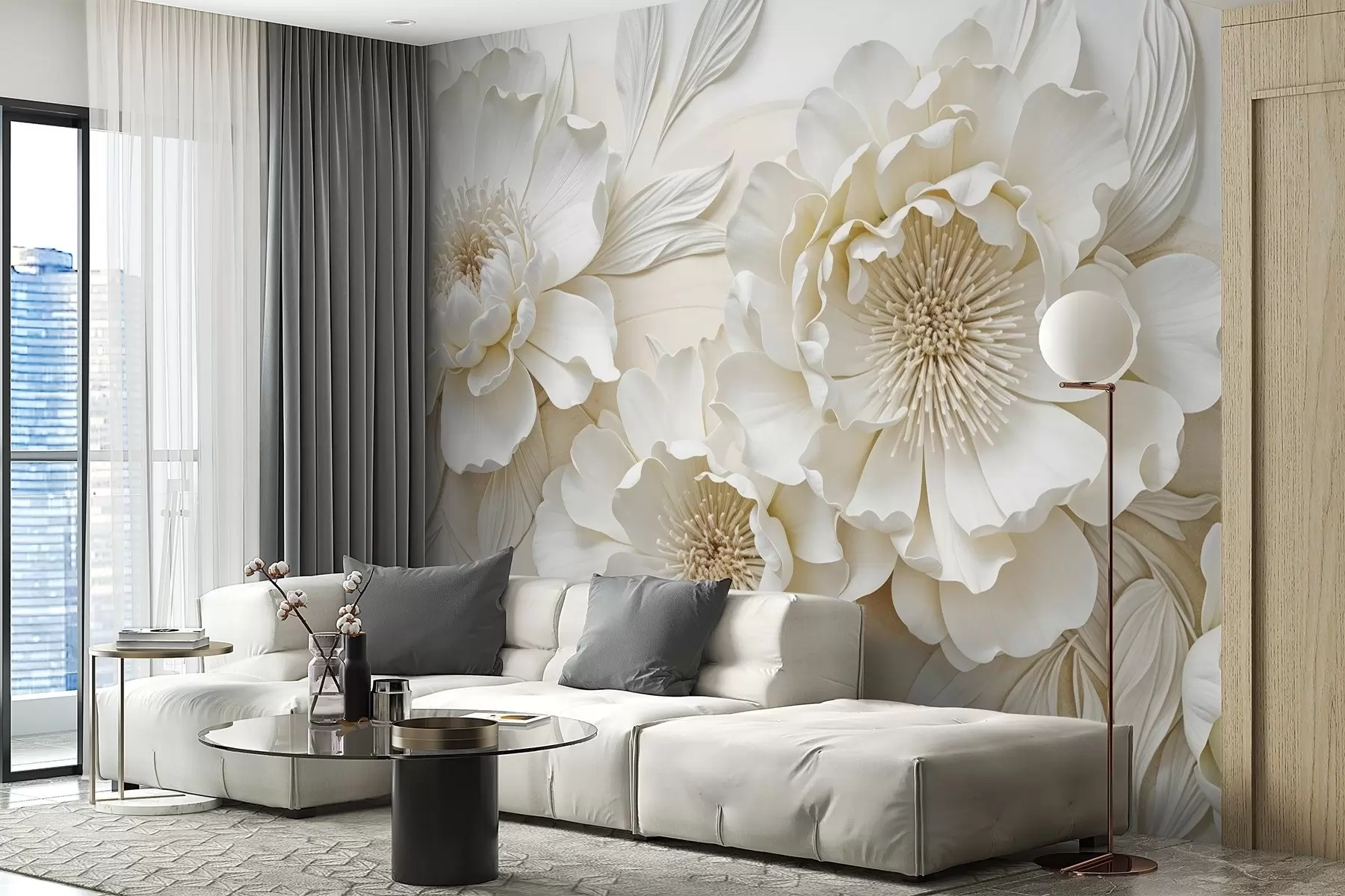 wall murals Elegant volumious imitation white peony flowers with soft petals and pastel yellow centers, against a light background w08431