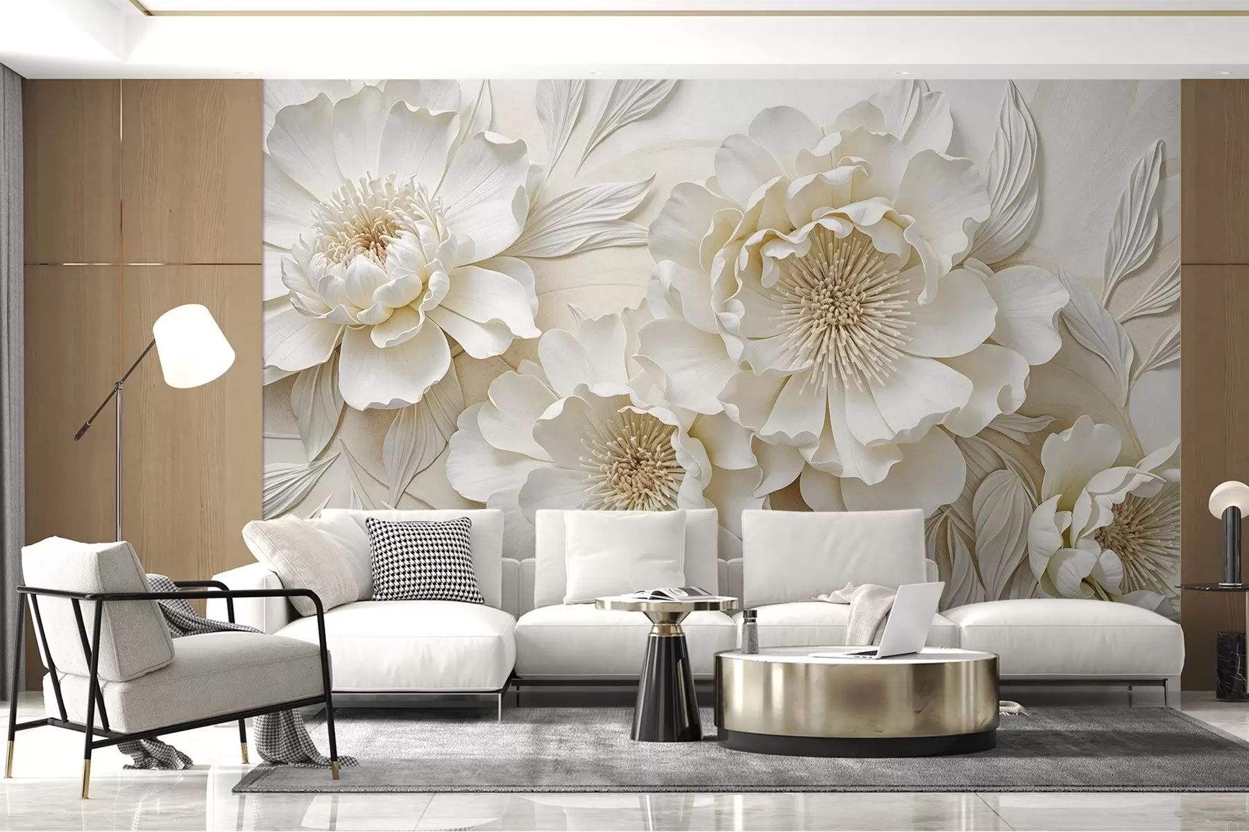 wall murals Elegant volumious imitation white peony flowers with soft petals and pastel yellow centers, against a light background w08431