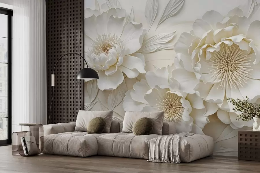 wall murals Elegant volumious imitation white peony flowers with soft petals and pastel yellow centers, against a light background w08431