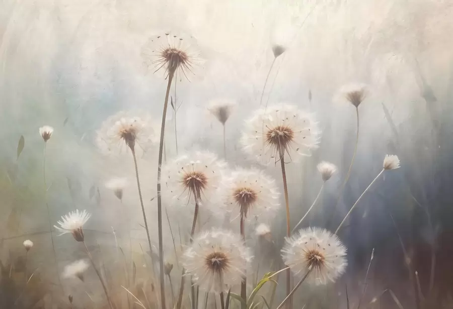 wall murals Soft focus dandelion flowers in a field, with a blurred pastel colored textured background w08432