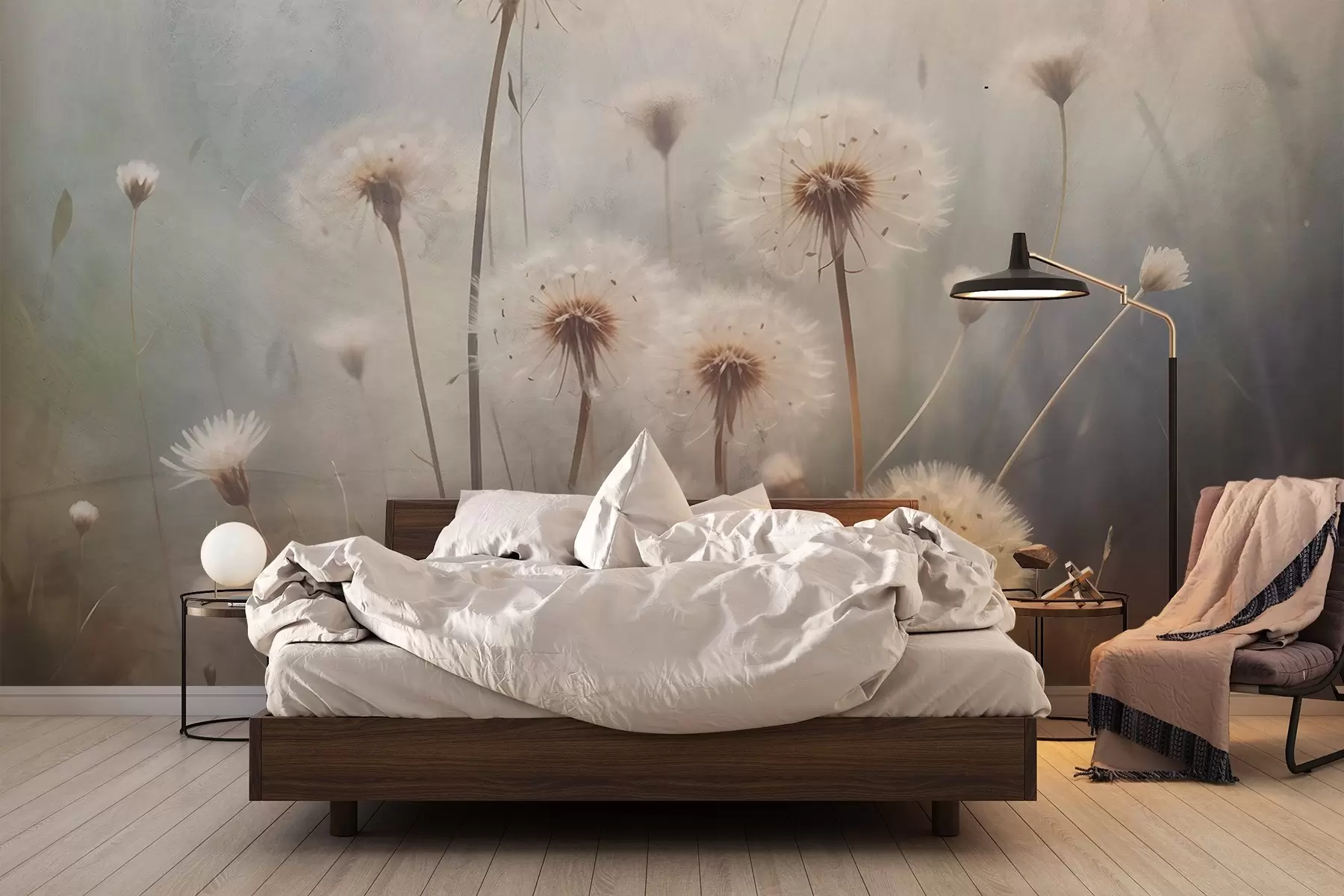 wall murals Soft focus dandelion flowers in a field, with a blurred pastel colored textured background w08432