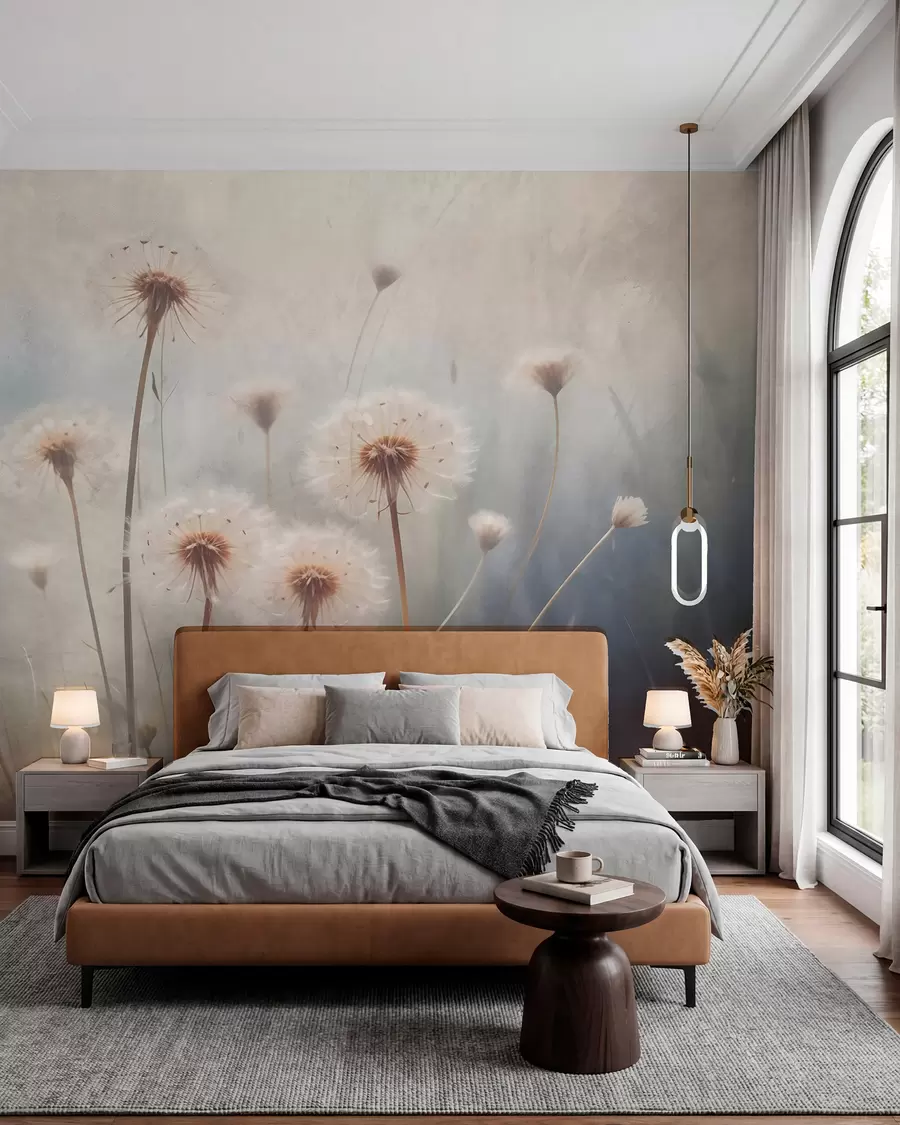wall murals Soft focus dandelion flowers in a field, with a blurred pastel colored textured background w08432