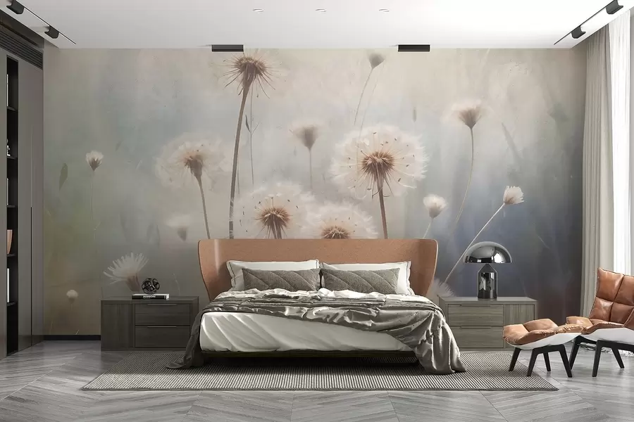 wall murals Soft focus dandelion flowers in a field, with a blurred pastel colored textured background w08432