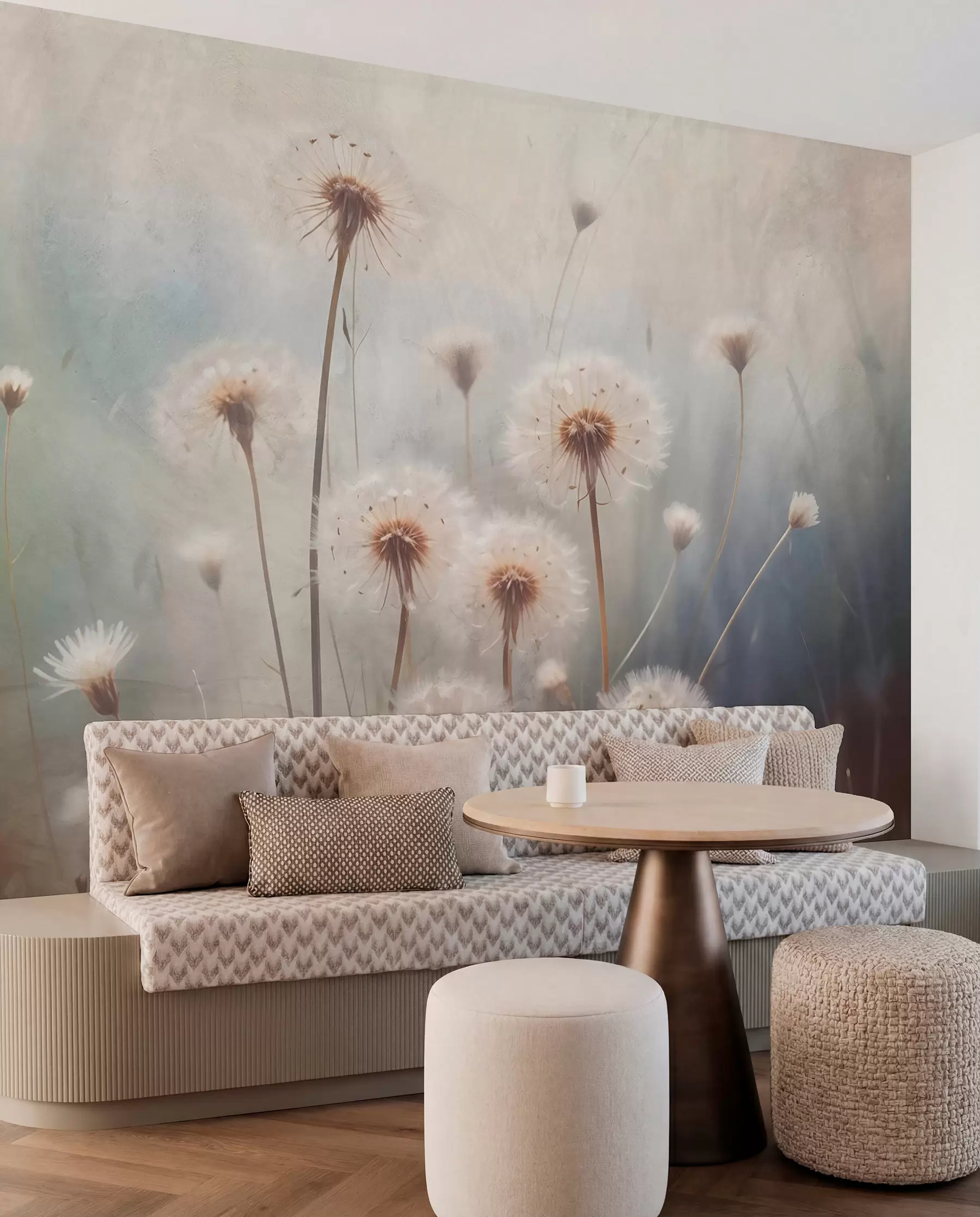 wall murals Soft focus dandelion flowers in a field, with a blurred pastel colored textured background w08432