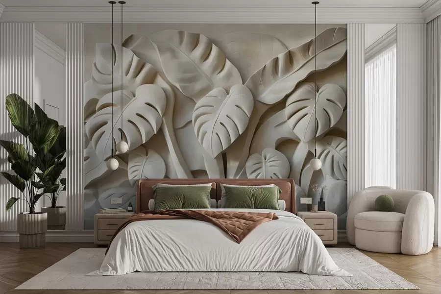 wall murals Bas-relief of large monstera leaves w02312