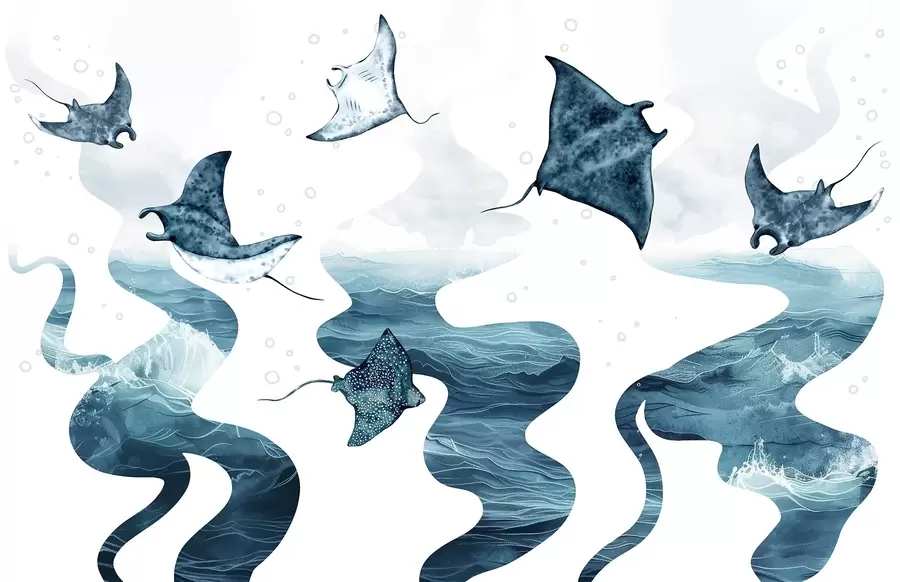 wall murals Manta ray fish, watercolor style, sea, ocean, blue colors w02266