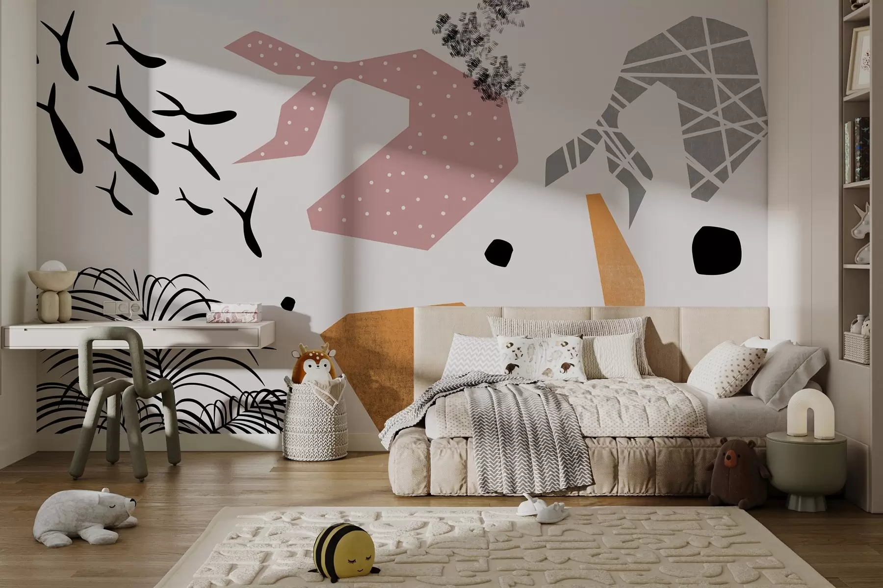 wall murals Abstract silhouettes of whales, fish, palm tree w02339