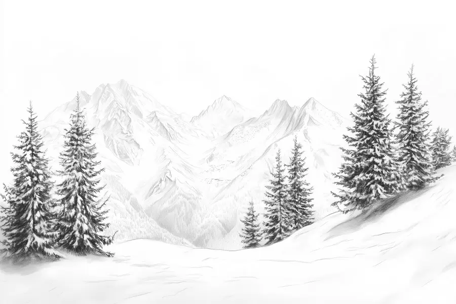 wall murals Snowy mountains, pencil style drawing, minimalism, forest, nature w02351