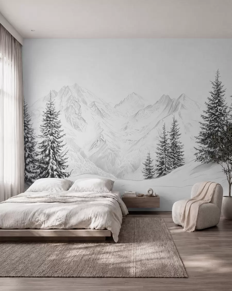 wall murals Snowy mountains, pencil style drawing, minimalism, forest, nature w02351