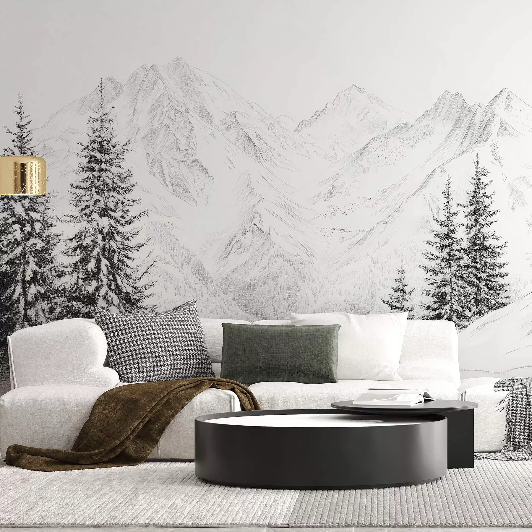wall murals Snowy mountains, pencil style drawing, minimalism, forest, nature w02351