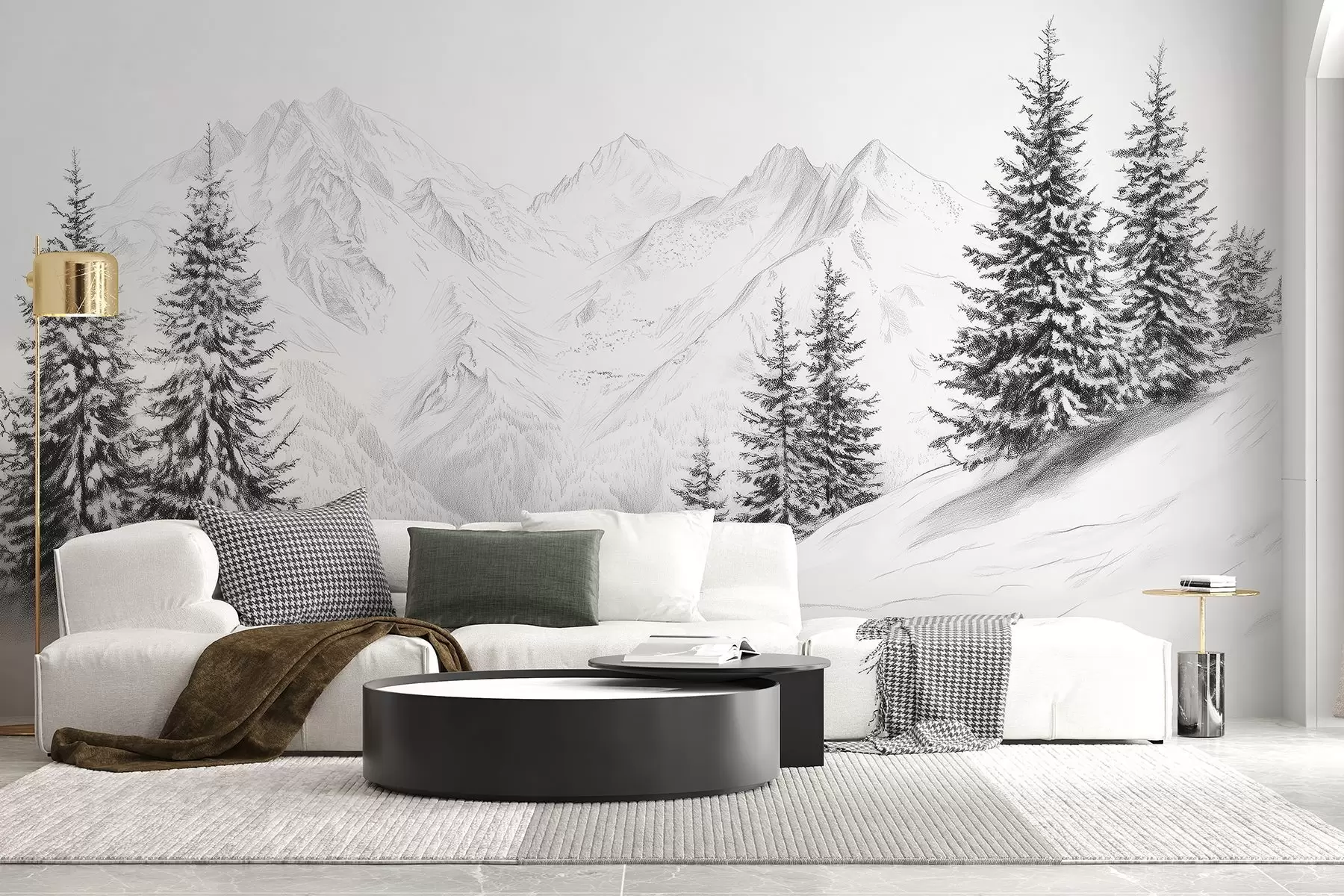 wall murals Snowy mountains, pencil style drawing, minimalism, forest, nature w02351