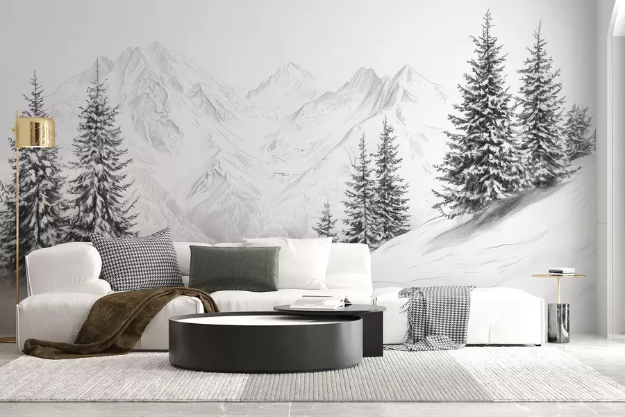 wall murals Snowy mountains, pencil style drawing, minimalism, forest, nature w02351