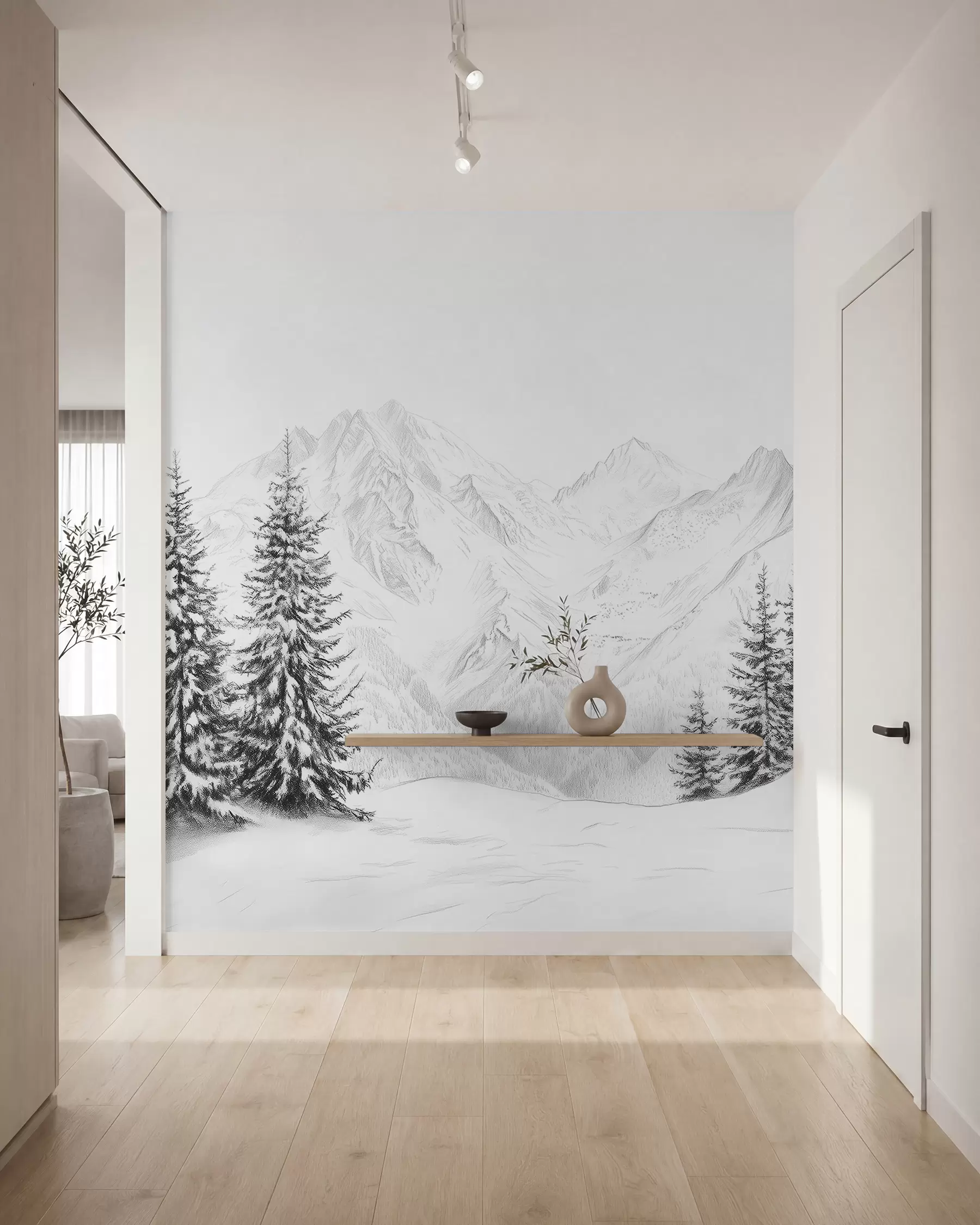 wall murals Snowy mountains, pencil style drawing, minimalism, forest, nature w02351