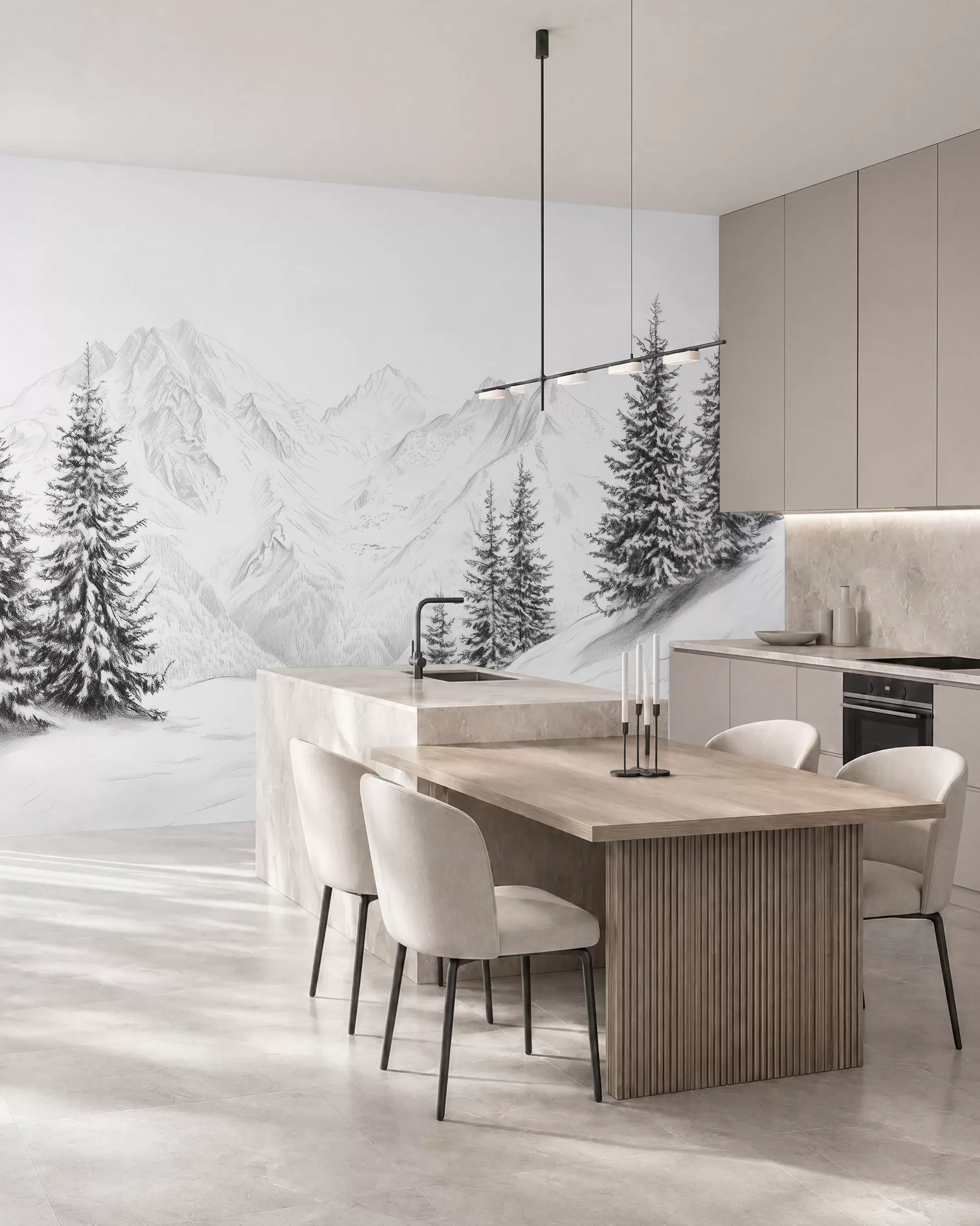 wall murals Snowy mountains, pencil style drawing, minimalism, forest, nature w02351
