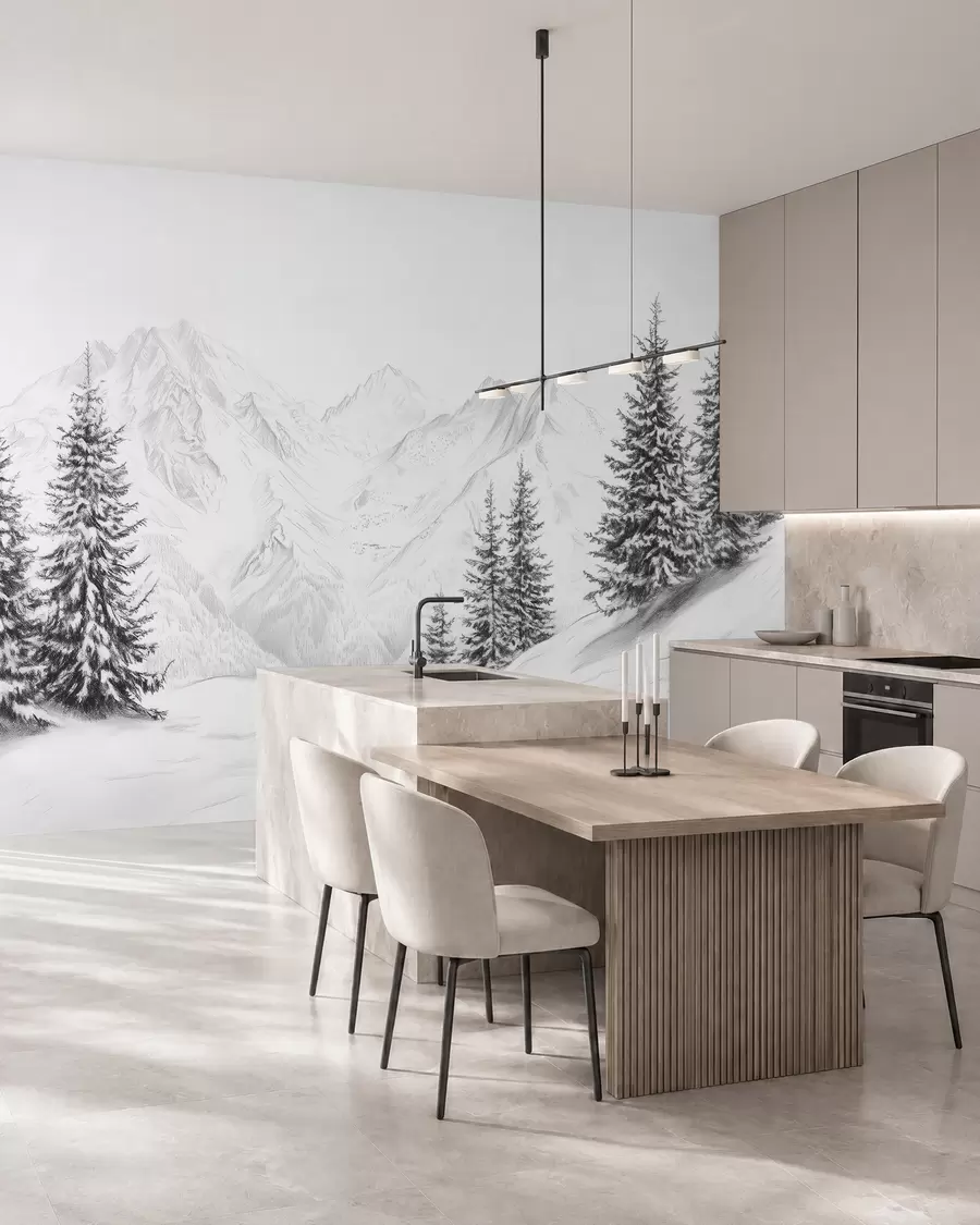 wall murals Snowy mountains, pencil style drawing, minimalism, forest, nature w02351