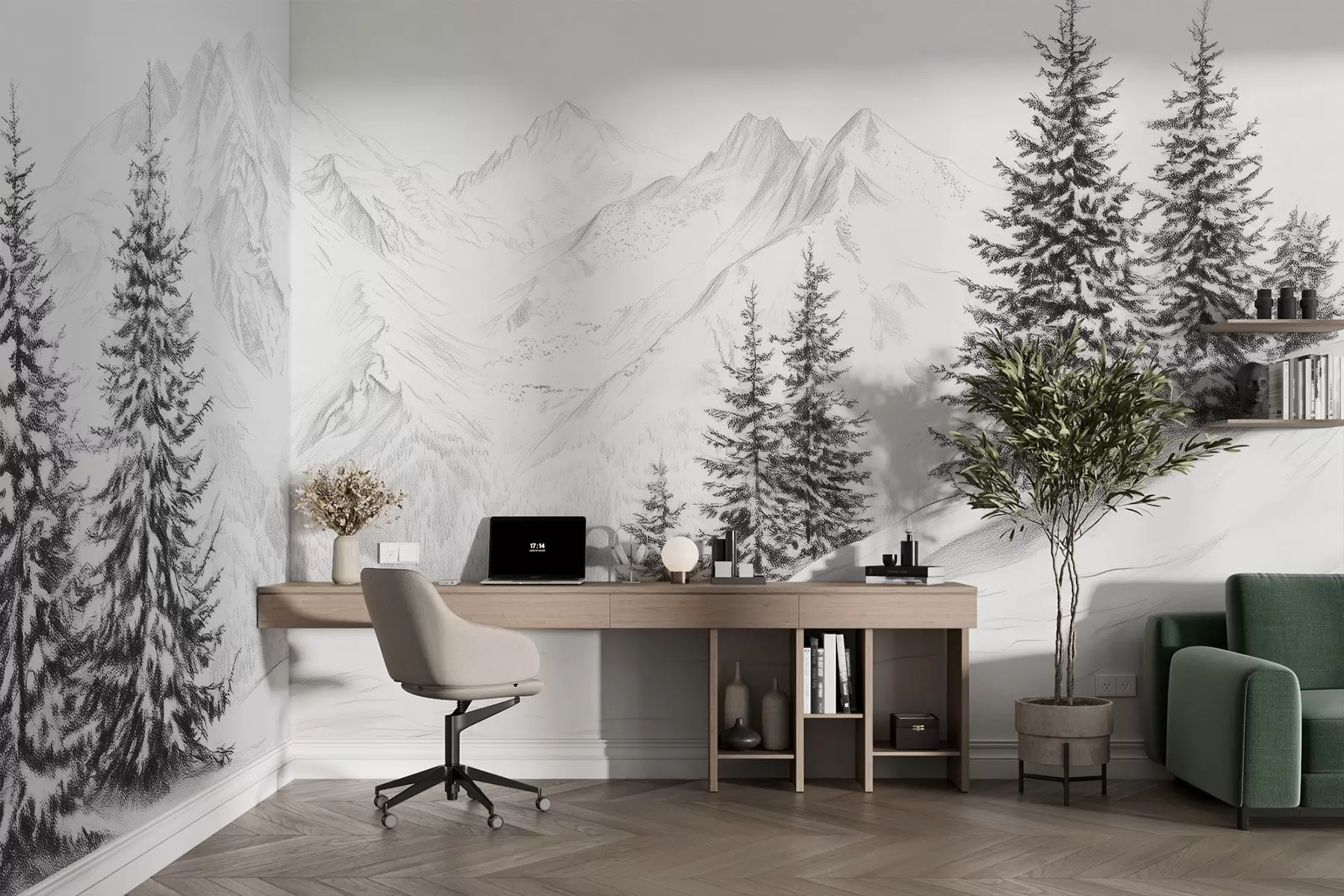 wall murals Snowy mountains, pencil style drawing, minimalism, forest, nature w02351