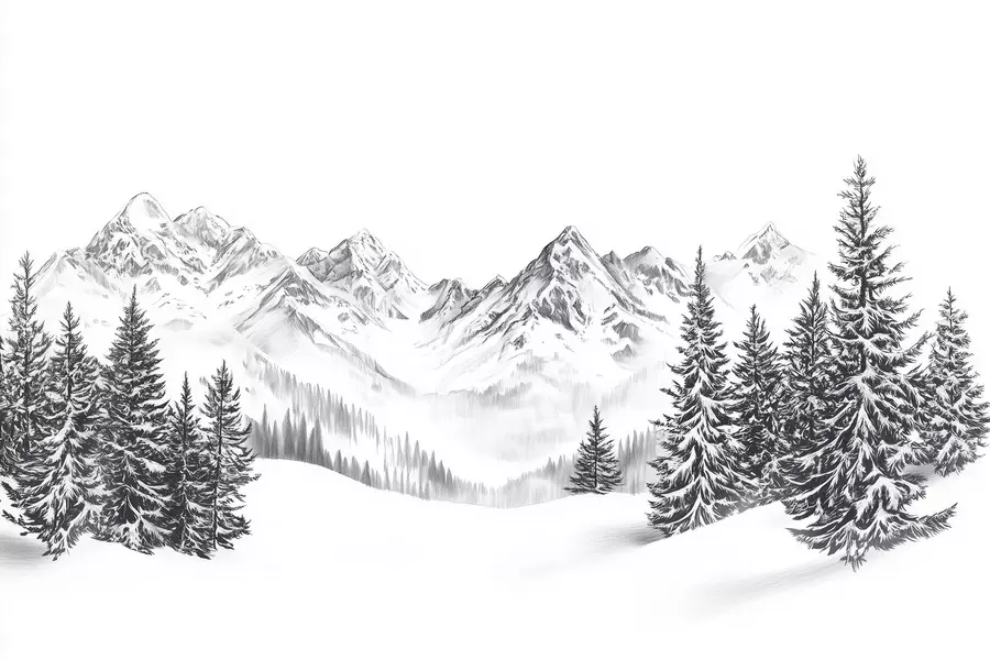 wall murals Alpine mountains in the snow, pencil style, minimalism w02352