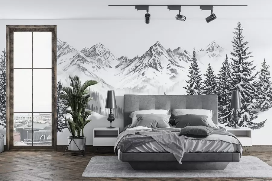 wall murals Alpine mountains in the snow, pencil style, minimalism w02352