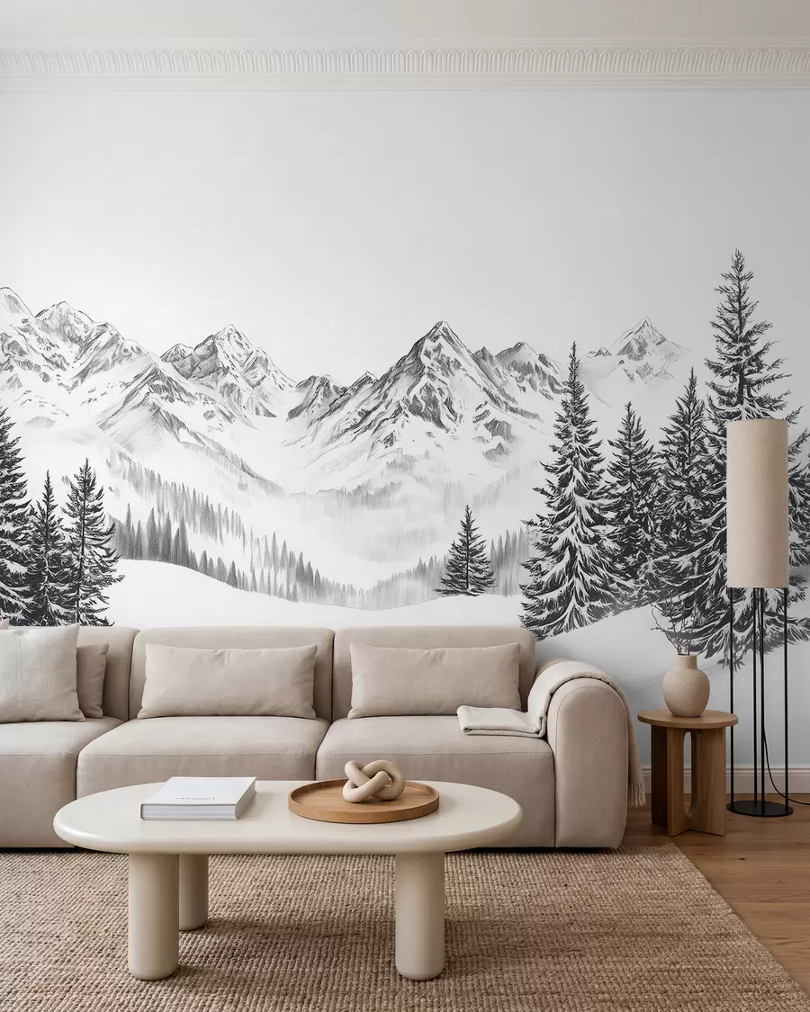 wall murals Alpine mountains in the snow, pencil style, minimalism w02352