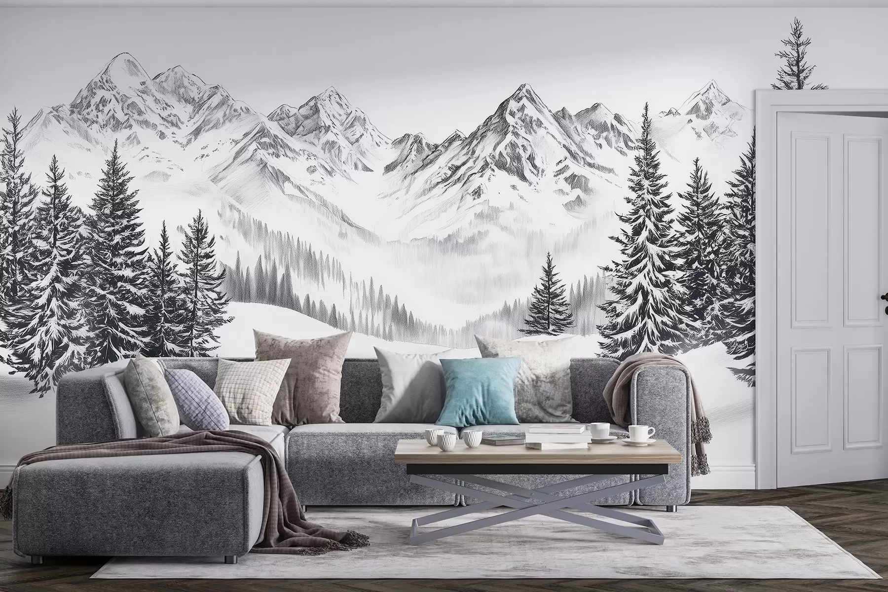 wall murals Alpine mountains in the snow, pencil style, minimalism w02352