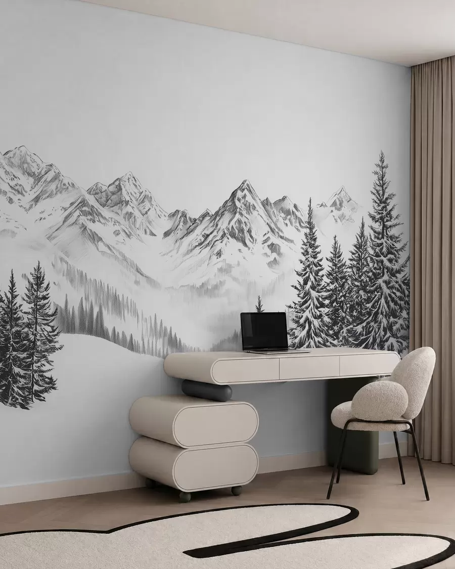 wall murals Alpine mountains in the snow, pencil style, minimalism w02352