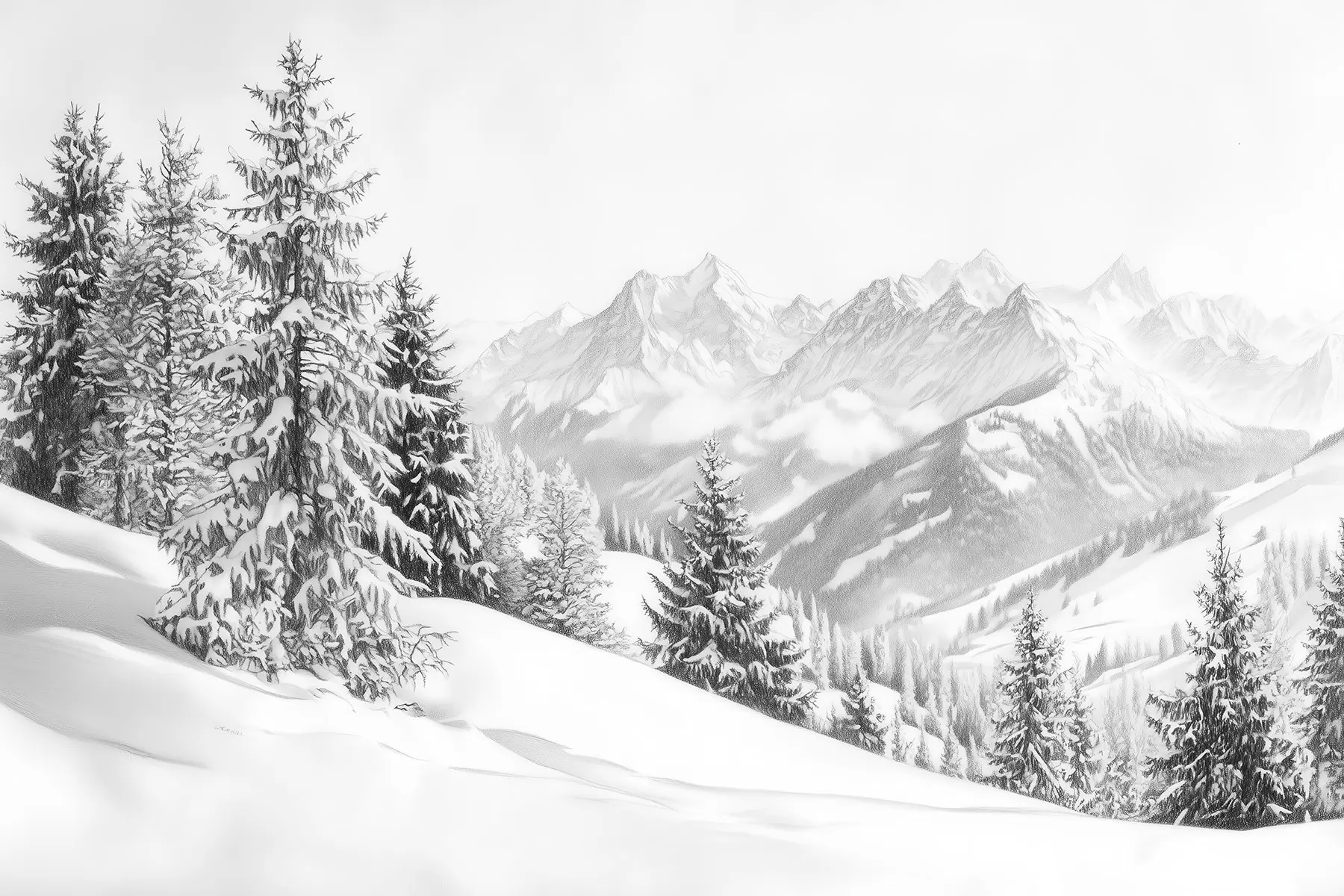 wall murals Winter in the mountains, forest, Alps, pencil style drawing, nature landscapes w02353