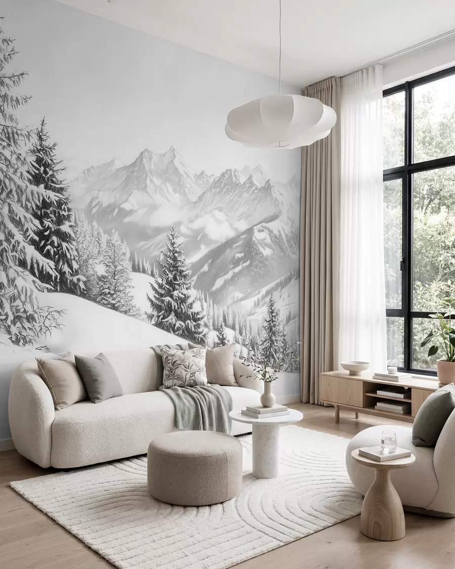 wall murals Winter in the mountains, forest, Alps, pencil style drawing, nature landscapes w02353