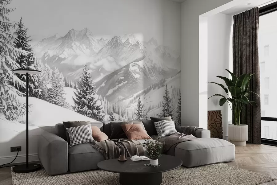 wall murals Winter in the mountains, forest, Alps, pencil style drawing, nature landscapes w02353