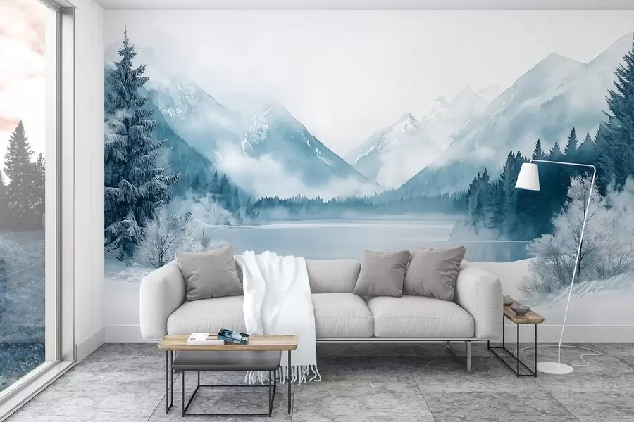 wall murals Winter mountains, frozen lake, pine forest, blue color palette, watercolor style w02354